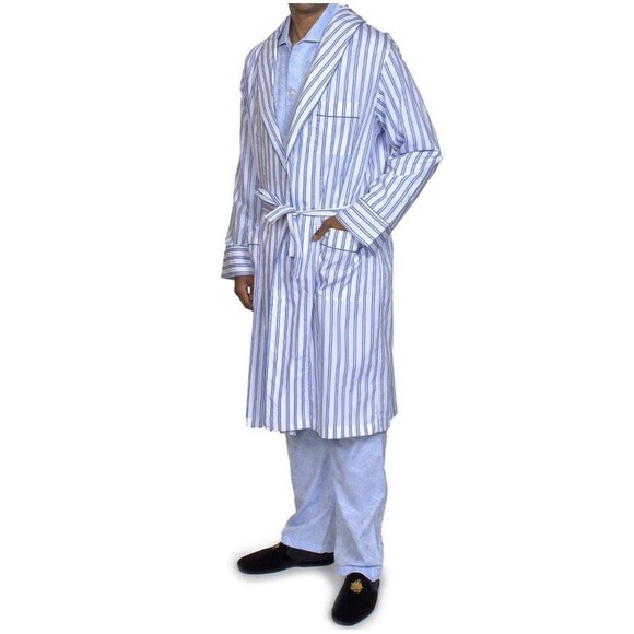 Men's Scully & Scully NYC Dressing Robe M Poplin Crisp White Blue Stripe  $295 - Picture 1 of 10